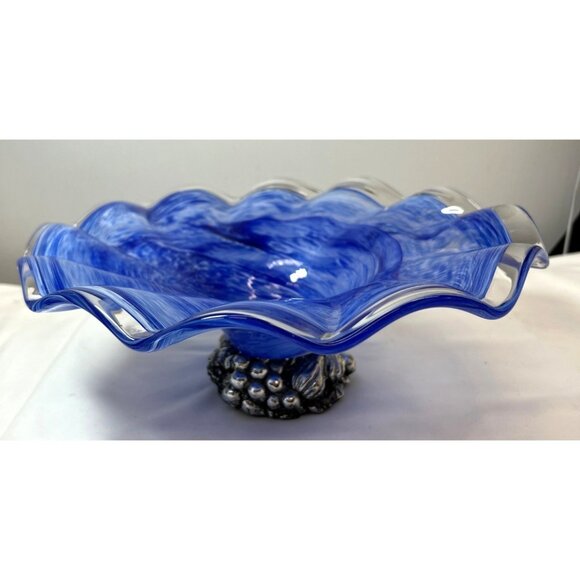 Vintage Murano Blue Venetian Hand Blown Glass Bowl with 3D Fruit Base